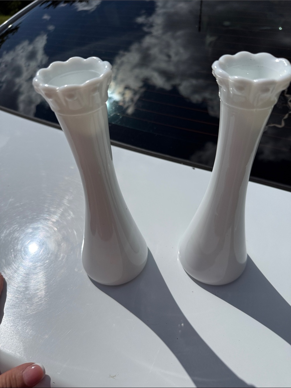 White Ceramic Scalloped Rim Bud Vases - Pair vintage milk glass